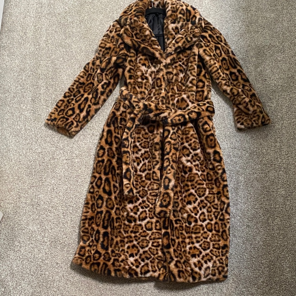 Alice + Olivia Brown Leopard Teddy faux fur trench coat maxi xs